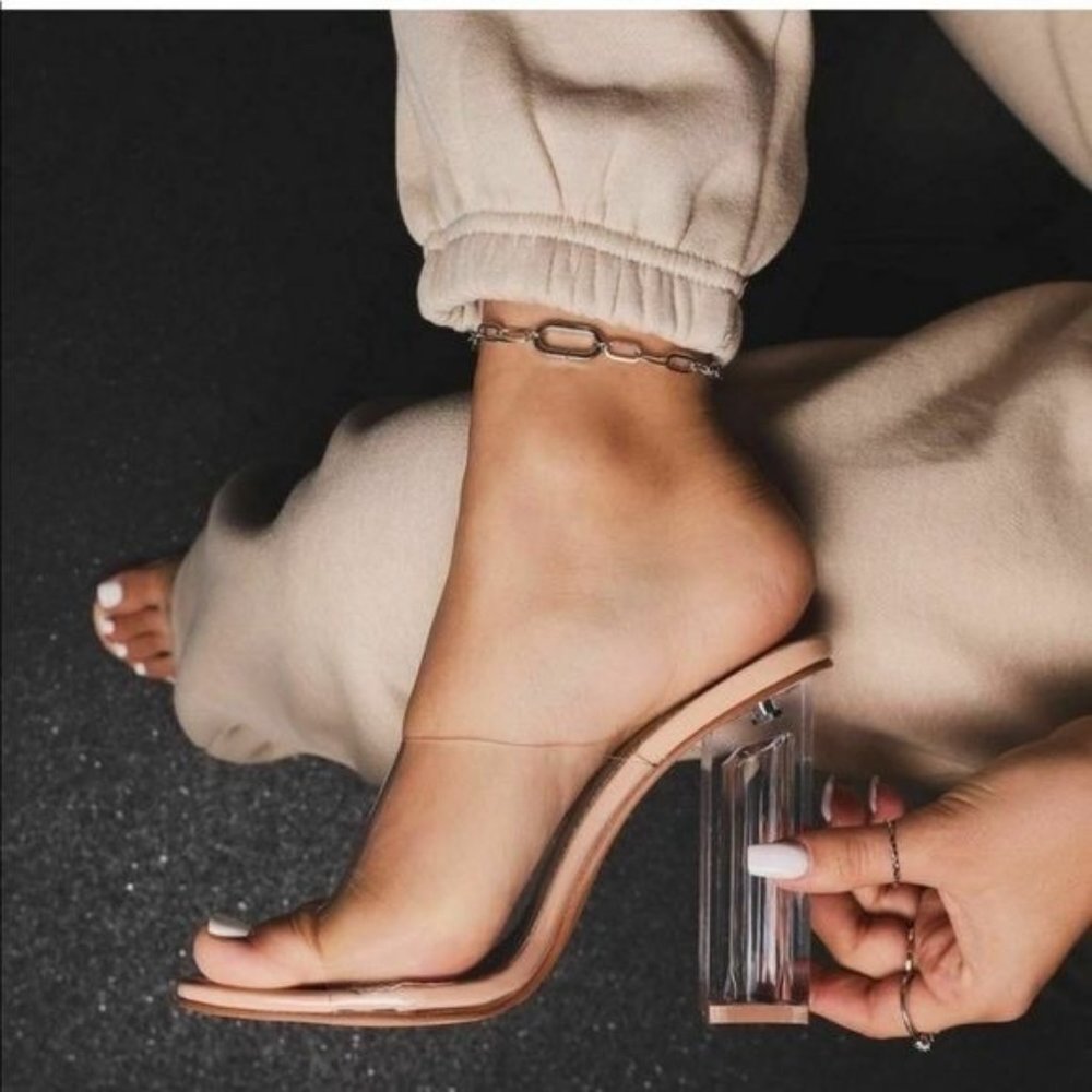 !! RESTOCKED !! Transparent Peep Toe Block Mule Heels in Nude - Picture 10 of 10